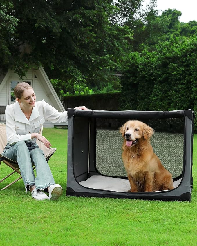 Veraste 42" L x 31" W x 31" H Collapsible Travel Dog Crate, Quick-Setup Portable Soft Dog Kennel for Large Dogs up to 90 lbs, 4-Door Foldable Travel Crate with Storage Bag, Grey