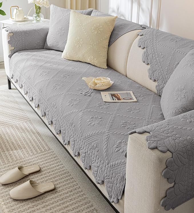 Cotton Quilted Dog Couch Cover for Sofa Farmhouse Rustic Embroidery Sectional Couch Cover Soft Anti-Slip Sofa Slipcover Furniture Protector for Kids, Pets (Grey,28"x82")