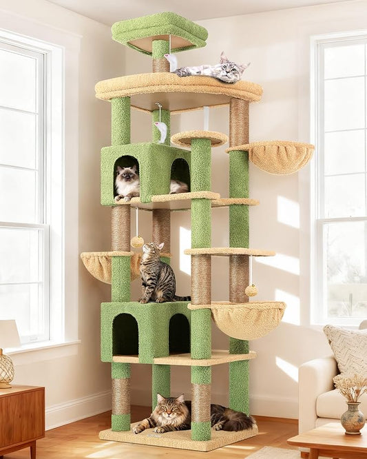 Globlazer Extra Large Cactus Cat Tree Tower, 82in Tall Heavy Duty Cat Tree for Indoor Cats Large Adult Big Cat Tower with 8 Scratching Posts, 2 Cat Condos, 2 Top Perches, 3 Hanging Baskets, S82, Green