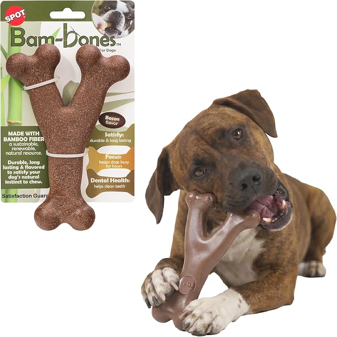SPOT Bam-Bones Wishbone Dog Chew Toy, Bamboo Fiber Blend, Non-Splintering Durable Chew for Light to Moderate Chewers, Adult Dogs & Teething Puppies 25–50 lbs, Bacon Flavor, 7 in