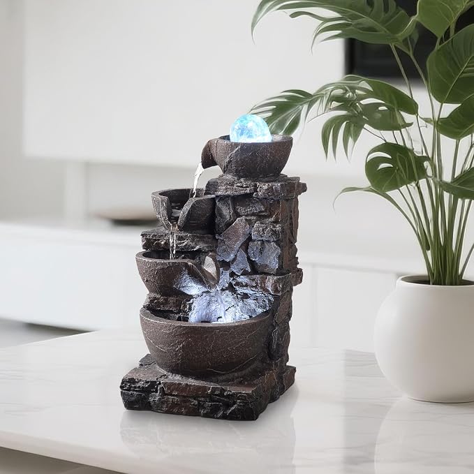 Indoor Tabletop Fountain with 4-Tier Stone Bowls, Rolling Crystal Ball & LED Lights – Tranquil Waterfall Decor for Home, Office or Zen Space (23066)