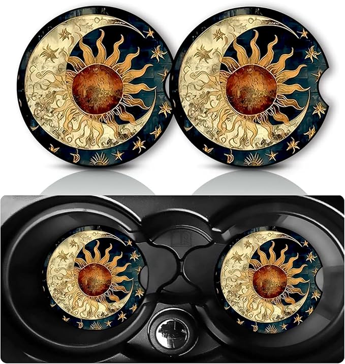 2Pack Sun and Moon Car Cup Holder Coaster,Sun Moon Stars Gifts for Women Men,Vehicle Interior Drink Mat Reusable Neoprene Car Coasters for Cup Holders Decor,Automotive Interior Accessories