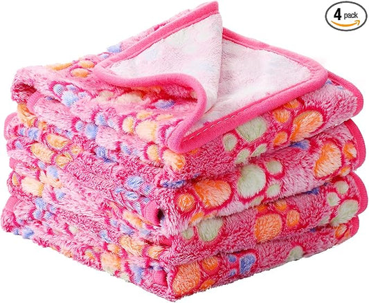 Tatuo 4 Pack Fleece Dog Blankets for Puppy Cats Multi-Size Sleep Mat for Pet Guinea Pig Soft Washable Warm Crate Bed Puppy Teething Toys Print Pattern Blanket Indoor(Pink,30 x 20.5 Inch,Paw)