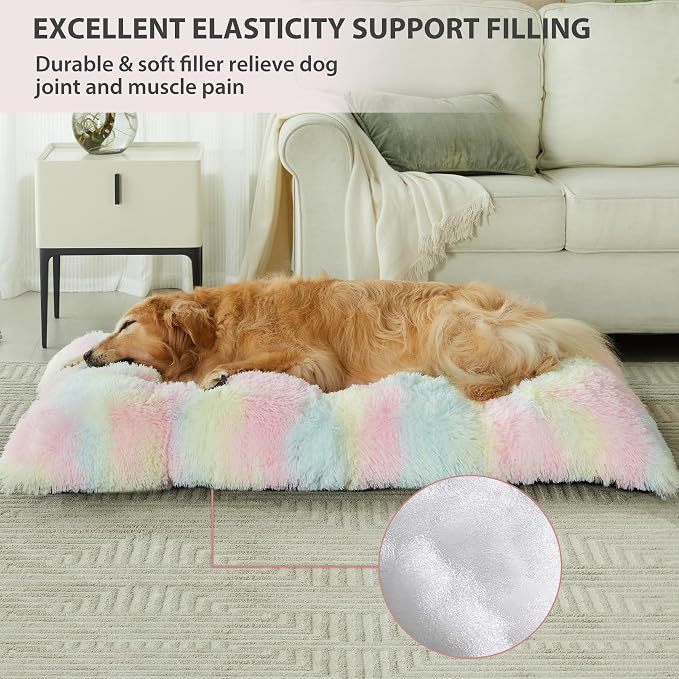BFPETHOME Dog Beds for Large Dogs, Plush Dog Crate Bed Fluffy Cozy Kennel Pad for Sleeping &Ease Anxiety, Washable Pet Mats with Anti-Slip Bottom for Large Medium Dogs, Pet Bed, Rainbow