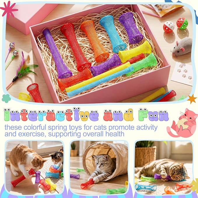 Leitee 60 Pcs Cat Spring Toys Kitten Tubes Indoor Interactive Chinese Finger Trap Cat Toys Plastic Coil for Pet Hunt Scratch(Rainbow Colors)