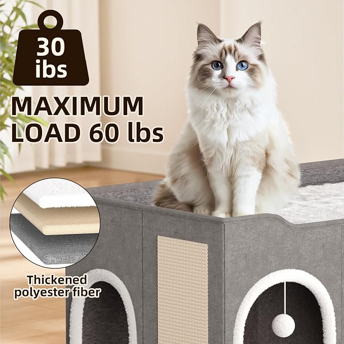 Top Bed Three Rooms Cat Condos,All-in-1 Extra-Wide Cat House for Indoor，Multi Cats Puppy Family, Large Cat Cave for Pet House with Fluffy Ball Hanging and Scratch Pad, Foldable Hideaway