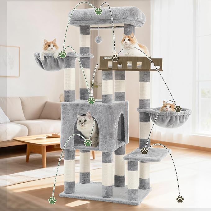 Gitelsnour Cat Tree for Indoor Cats Large Adult, Heavy Duty Cat Tree for Large Cats 20 lbs+, Cat Condo with Big Wooden Perch, Cat Tower with 14 Scratching Posts, Hammock, Light Gray GCT023W