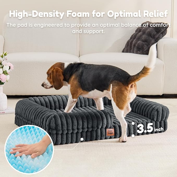 Orthopedic Dog Bed for Large Dogs, Washable Dog Bed with Faux Rabbit Fur Waterproof Cover, High Density Egg Crate Foam Support with 3-Sided Bolsters for Senior Dogs, Non-Skid Bottom,35x28x7, Dark Grey