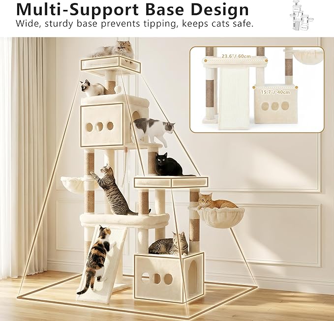 Heybly Cat Tree, 72.4-Inch Anti-Tip Cat Tower for Large Cats, All-in-One Cat Furniture with Spacious Perches, Multiple Interactive Areas, Extra-Large Sisal Scratching Board, Beige HCT060MJ
