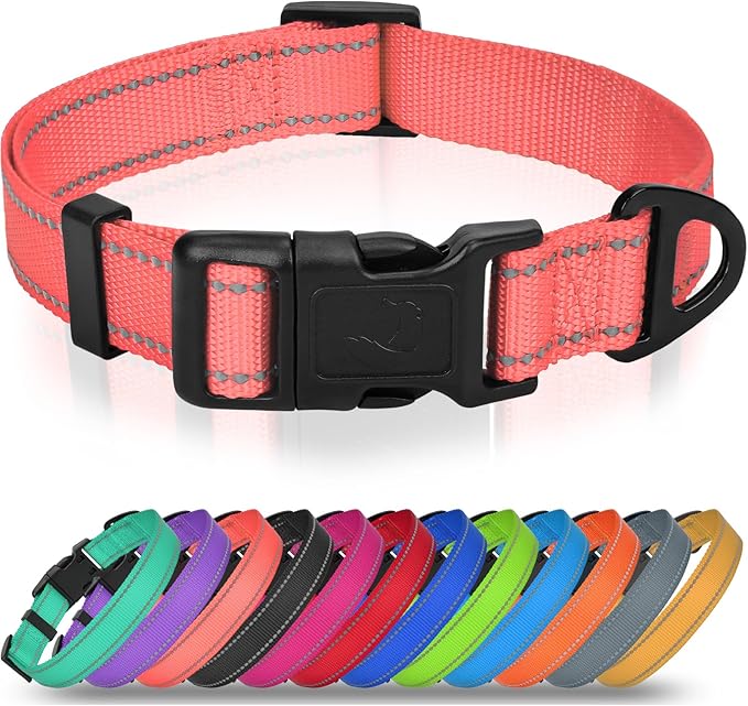 Joytale Dog Collar for Large Dogs, Strong Double-Sided Reflective Nylon Collar for Night Safety, Adjustable Quick-Release for Daily Walking, Pink, L (1" Width)