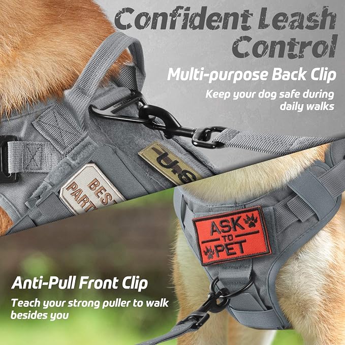 rabbitgoo Tactical Dog Harness for Large, Heavy Duty Pet Harness with Handle, No-Pull Service Vest Large Breed, Adjustable Military Dog Vest for Training Hunting Walking, Grey, L