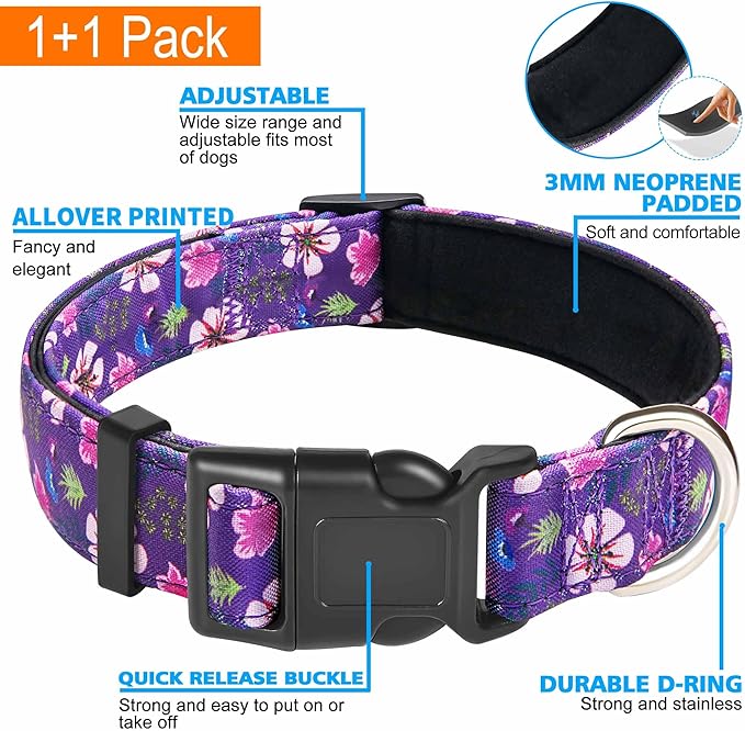 Ladoogo Reflective Dog Collar Padded with Soft Neoprene Breathable Adjustable Nylon Dog Collars for Small Medium Large Dogs (X-Small (Pack of 1), Purple/Pink Floral Collar+Leash)