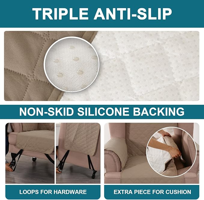 Turquoize 100% Waterproof Wing Chair Cover Wing Armchair Slipcovers Chair Couch Protector Triple Non-Slip Sofa Slipcover Furniture Protector for Pets, Kids,Dog (Wing Chair, Taupe)