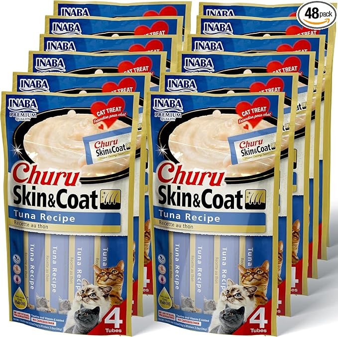 INABA Churu for Skin and Coat Lickable Purée Natural Cat Treats with Omega Oils, Taurine and Green Tea, 0.5 Ounces Each - Tuna Recipe (48 Tubes)
