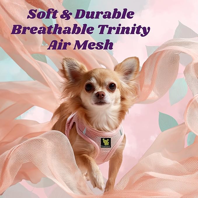 EcoBark Small Dog Harness - Luxury Soft Step in Mesh Harnesses for Puppy & Toy Breed Dogs- Secure Buckle & Reflective Halter Vest for Small Sized Dogs (Sm, Baby Pink)
