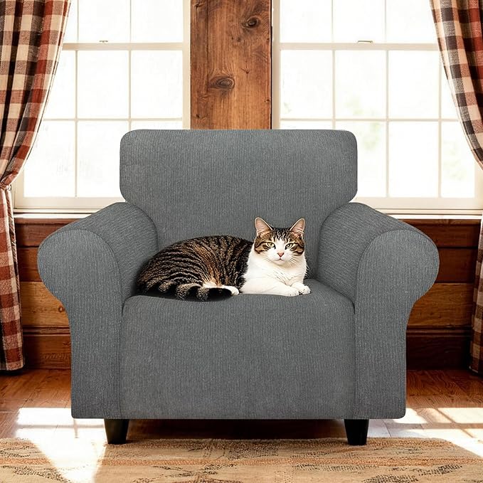 Waterproof Stretch Spandex Chair Sofa Slipcover - Non-Slip Soft Couch Cover with Elastic Bottom, Washable Leakproof Furniture Protector for Kids, Pets, Dogs & Cats (Chair, Light Gray)