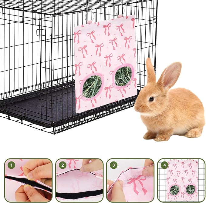 JarThenaAMCS 2Pcs Rabbit Hay Feeder Bag with 2 Holes Pink Bow Guinea Pig Hanging Hay Feeding Bag Storage Dispenser for Chinchilla Hamster Bunny Small Animal Pet