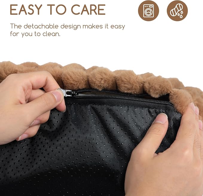 Hollypet Fluffy Dog Cat Bed Pet Couch Beds Plush Soft Warming Machine Washable Puppy Bed with Non-Slip Bottom for Cats and Small Medium Dogs up to 25 lbs, Brown, 24" L x 18" W x 10" Th