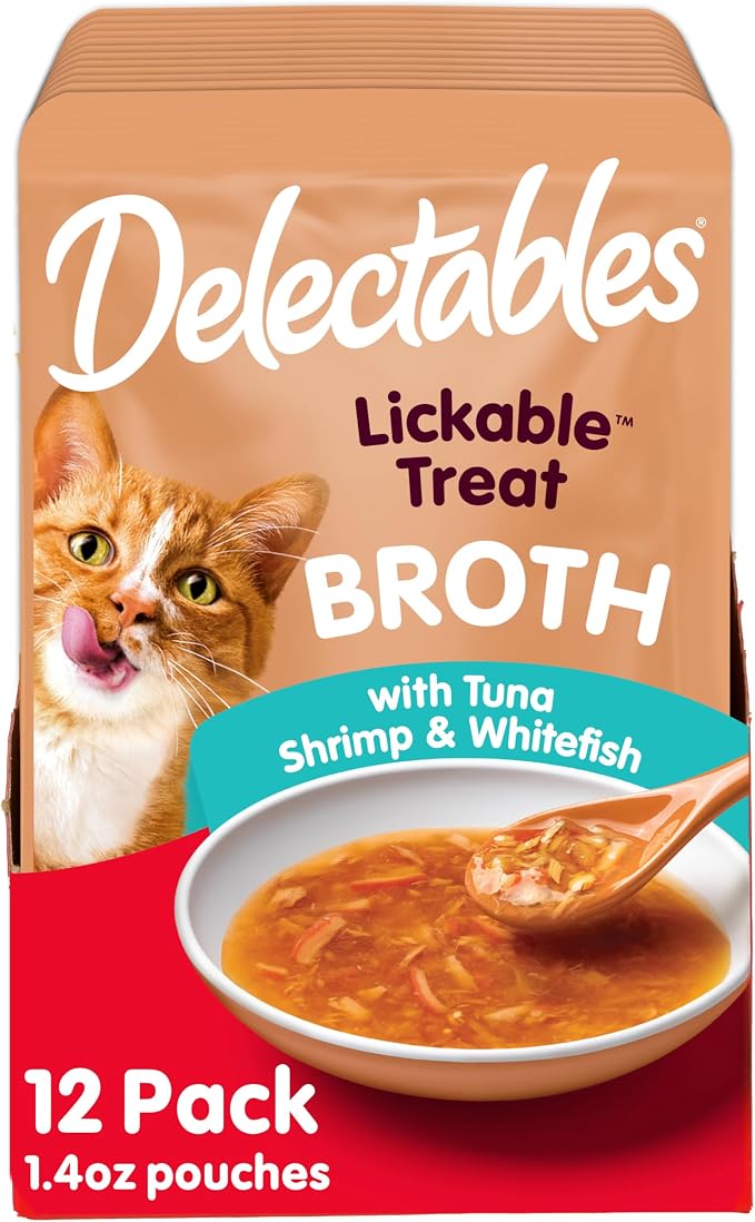 Delectables Lickable Treat Savory Broth Wet Cat Treat with Real Tuna & Shrimp, Food Topper, Hydrating, Grain-Free, No Fillers, No By-Products, No-Added Preservatives, 1.4oz Pouch (Pack of 24)