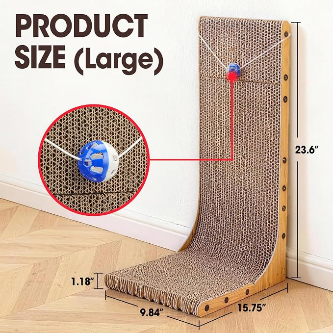 2 Pack Cat Scratcher, 23.6 Inch L Shape Vertical Cat Scratching Board with Ball Toy for Indoor Cats, Large Cat Scratching Post for Wall and Couch