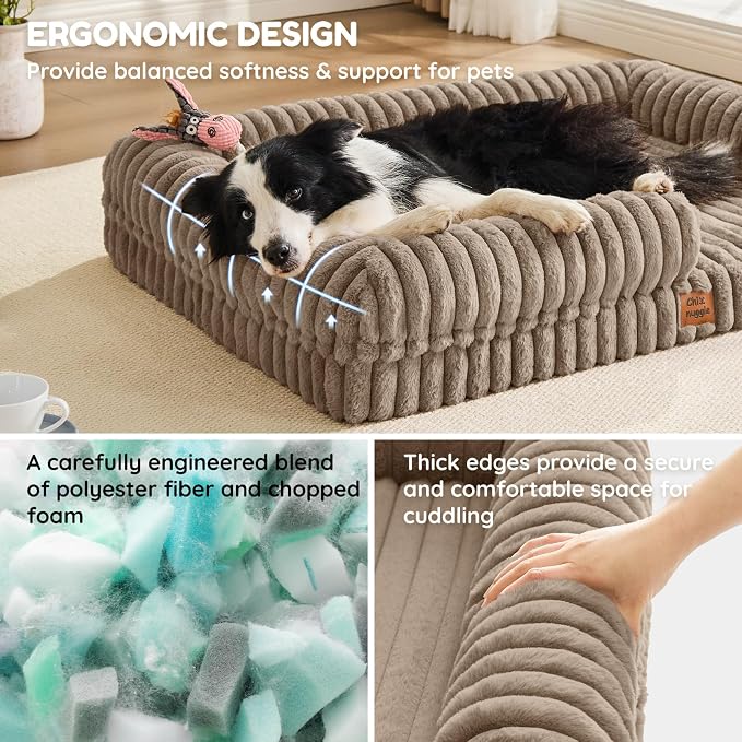 Orthopedic Dog Bed for XL Dogs, Washable Dog Bed with Faux Rabbit Fur Waterproof Cover, High Density Egg Crate Foam Support with 3-Sided Bolsters for Senior Dogs, Non-Skid Bottom, 41x30x7, Taupe