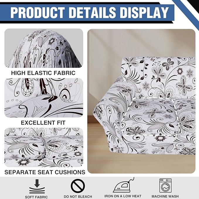 Stretch Couch Covers, Floral Printed Sofa Covers,2 Piece Armchair Slipcover with Separate Sect Cover,Washable Sofa Slipcover, Pet Friendly Furniture Protector Fit for Home (Armchair,White Texture)