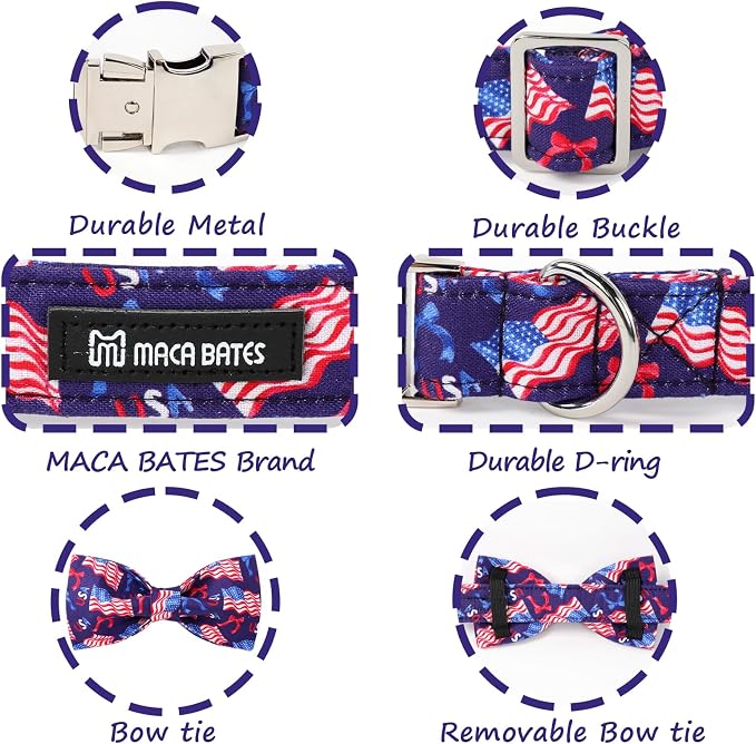 Maca Bates American Flag 4th of July Dog Collar with Bow Tie for Dogs Bowtie 4 of 7 Flags Blue Adjustable Durable Patriotic Collars USA Independence Day Gift for Small Medium Large XL Boy Girl Puppy