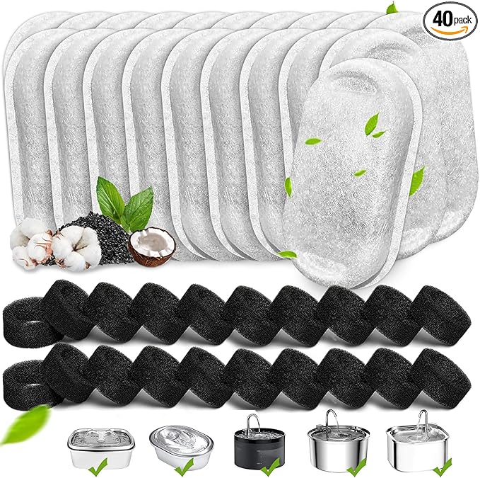 Cat Water Fountain Filters, 40 Pack Cat Replacement Filters for Stainless Steel 108oz/3.2L& 67oz/2L adjustable Flow Pet Water, Dog Fountain Filter（20 + 20 Pack)