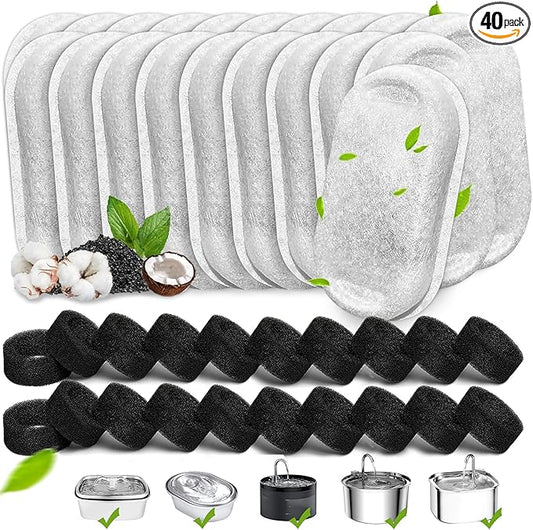 Cat Water Fountain Filters, 40 Pack Cat Replacement Filters for Stainless Steel 108oz/3.2L& 67oz/2L adjustable Flow Pet Water, Dog Fountain Filter（20 + 20 Pack)