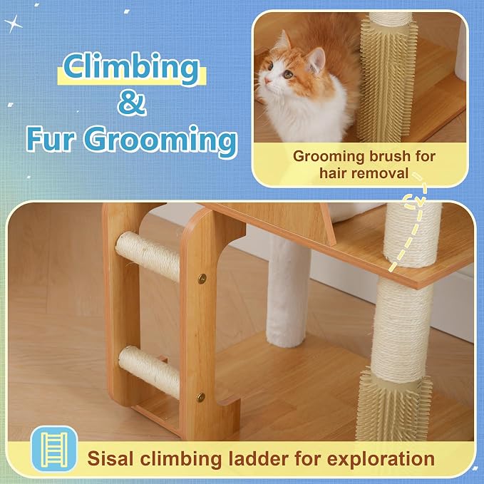 Hey-brother Wooden Cat Tree, 69.7 inch Cats Furniture Tower with Large Platforms, Hammocks, Spacious Condo, Full Sisal Scratching Posts, Ladder, Brush, Water Proof Surface, Walnut MPJ121WB