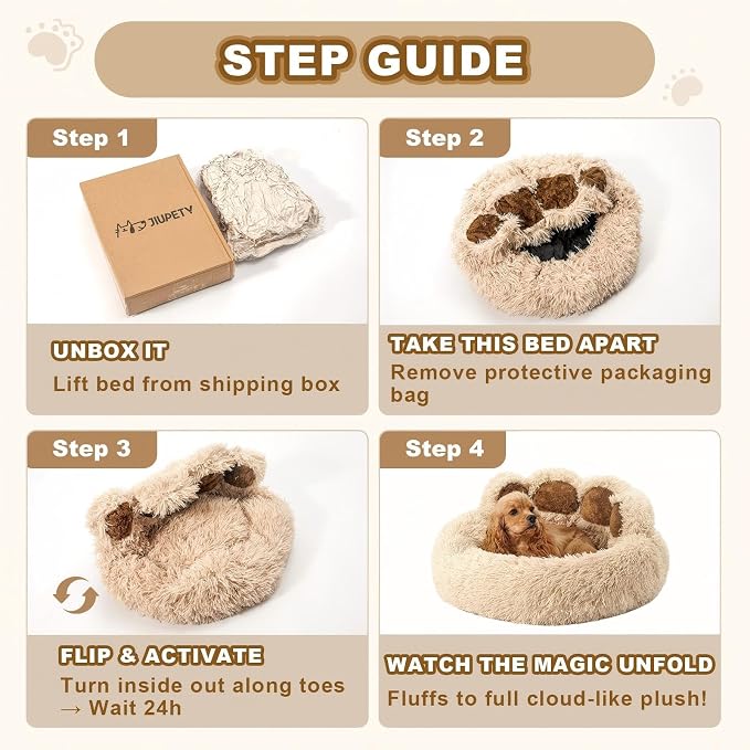 Jiupety Paw Shape Calming Pet Bed, Plush Faux Fur Donut Bed for Dogs & Cats, Machine Washable, Non-Slip Bottom, Large Size (26"×26"×8"), Camel