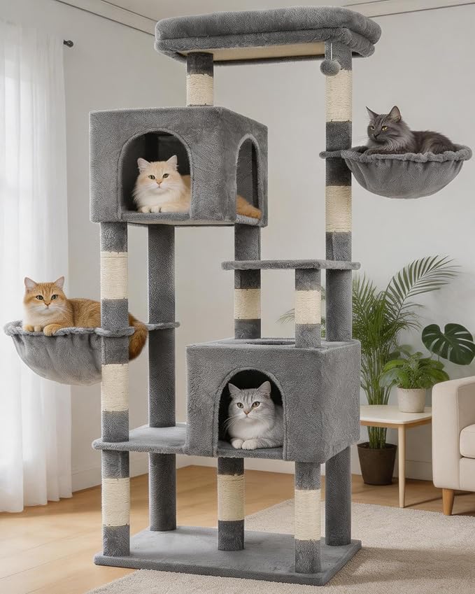 Heybly 68.1" Cat Tree with Oversized Top Platform & Wide Base, Heavy Duty Cat Tower for Large Indoor Cats with 2 Condos, 2 Hammocks, 10 Sisal Scratching Posts, Stable Cat House, Light Gray HCT059W