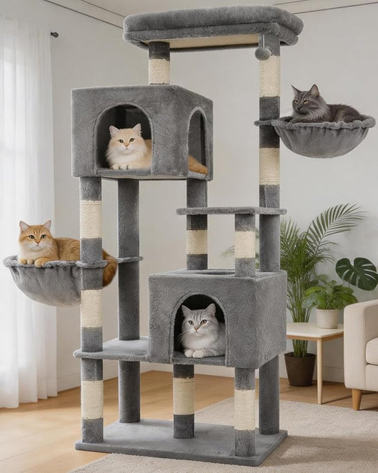 Heybly 68.1" Cat Tree with Oversized Top Platform & Wide Base, Heavy Duty Cat Tower for Large Indoor Cats with 2 Condos, 2 Hammocks, 10 Sisal Scratching Posts, Stable Cat House, Light Gray HCT059W