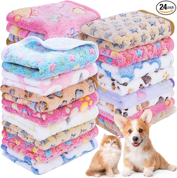MCEAST 24 Pack Paw Print Plush Pet Blankets 24 x 16 Ultra-Soft & Cozy Small Dog Cat Bedding Mats with 12 Stylish Designs Machine Washable Multipurpose Fluffy Throw for Kennel, Sofa, Travel