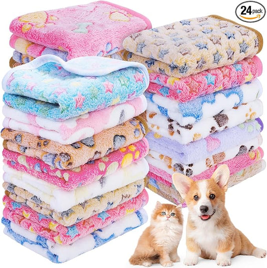 MCEAST 24 Pack Paw Print Plush Pet Blankets 24 x 16 Ultra-Soft & Cozy Small Dog Cat Bedding Mats with 12 Stylish Designs Machine Washable Multipurpose Fluffy Throw for Kennel, Sofa, Travel