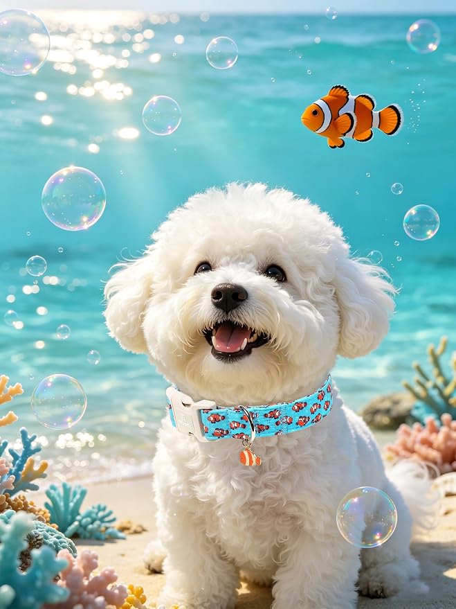 Maca Bates Summer Clownfish Basic Dog Collar Beach Puppy Collars for Medium Dogs Adjustable Durable Soft Comfortable Blue Sharks for Boy Girl Male Female Pet with White Safety Buckle