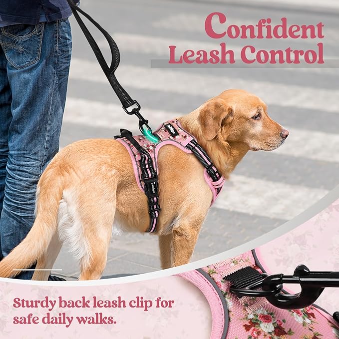 rabbitgoo Dog Harness No Pull with 2 Leash Clips, Adjustable Soft Padded, Reflective Oxford No Choke Pet Vest with Easy Control Handle for Large Dogs, Pink Rose, L