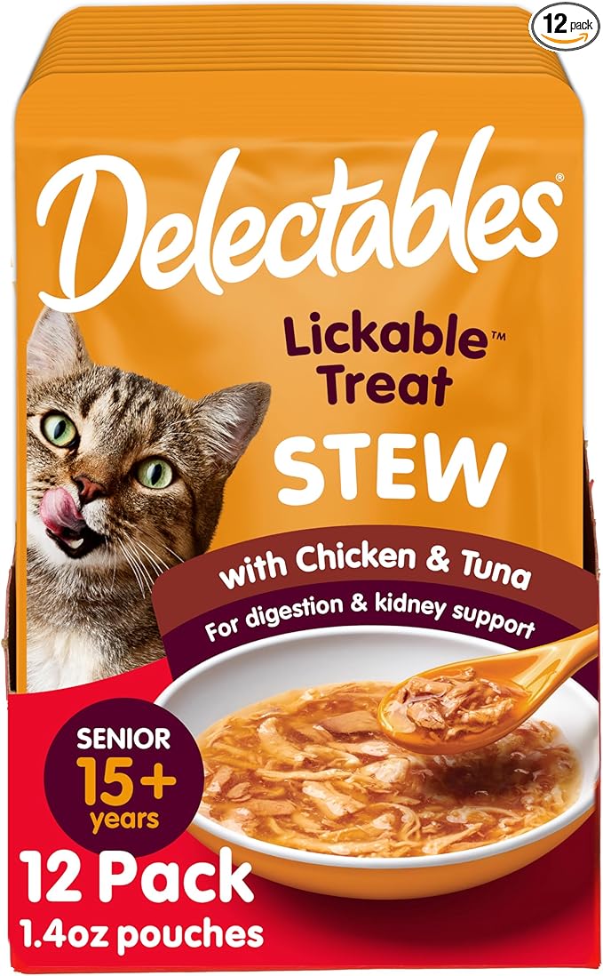 Delectables Lickable Treat Stew Senior 15+ Wet Cat Treat with Real Chicken & Tuna, Food Topper, Hydrating, Grain-Free, No Fillers, No By-Products, No Added Preservatives, 1.4oz Pouch, 12ct