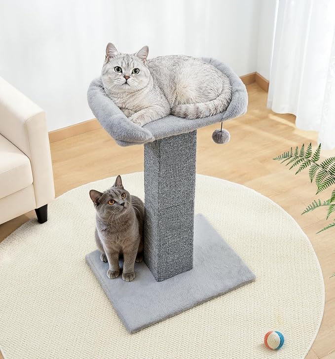 Made4Pets Cat Scratching Post with Bed, 32'' Modern Cat Scratcher with Top Plush Cat Bed, Tall Cat Scratch Post for Indoor Cats, Heavy-Duty Carpet Scratching Post with Hanging Ball Toy, Grey