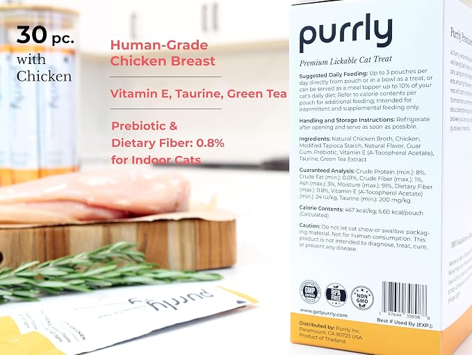 Purrly Lickable Wet Cat Treats Creamy Purée Human-Grade Chicken Breast with Prebiotic and Dietary Fiber for Digestive Health (30 Count) Non-GMO No-Grains No-Artificial-Additive All Ages Low-Phosphorus