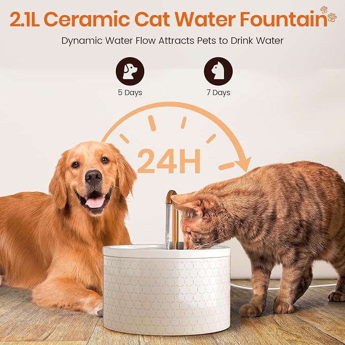 MISFANS Ceramic Cat Water Fountain - 2.1L/71oz - Honeycomb Embossed All-Ceramic Body & Pure Copper Spout - Non-Toxic & Automatic Pet Drinking Fountain Indoor with Ultra-Quiet Pump, 3 Filters & Sponge