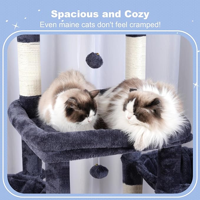 Hey-brother Cat Tree Tower, Scratching Posts with Extra Large Platform, Specious Condo, 2 Cozy Hammocks, Self-Grooming Brush for Indoor Adult Cats, Maine Coon 51.1 inches, Smoky Gray MPJ070G