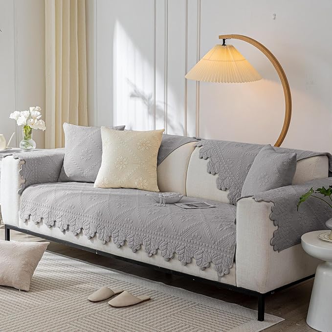 Cotton Quilted Dog Couch Cover for Sofa Farmhouse Rustic Embroidery Sectional Couch Cover Soft Anti-Slip Sofa Slipcover Furniture Protector for Kids, Pets (Grey,43"x63")