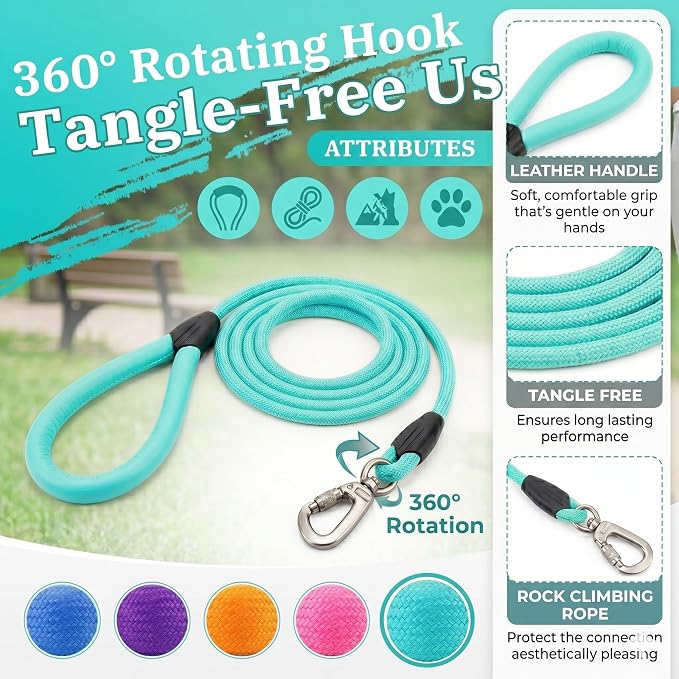 Dog Leash with Padded Handle, Durable Nylon Pet Lead for Small Medium Large Dogs, Heavy Duty Swivel Hook for Walking Training Hiking, 5ft Long Teal Puppy Leash（Turquoise,5 FEET）