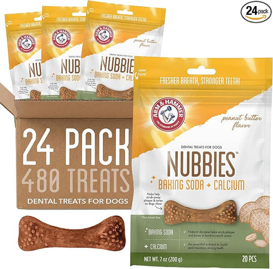 Arm & Hammer for Pets Nubbies Dental Treats Baking Soda Calcium Dog Dental Chews Nubbed Texture Scrubs Plaque Tartar Peanut Butter Flavor 20 Count 7 OZ 24 Pack