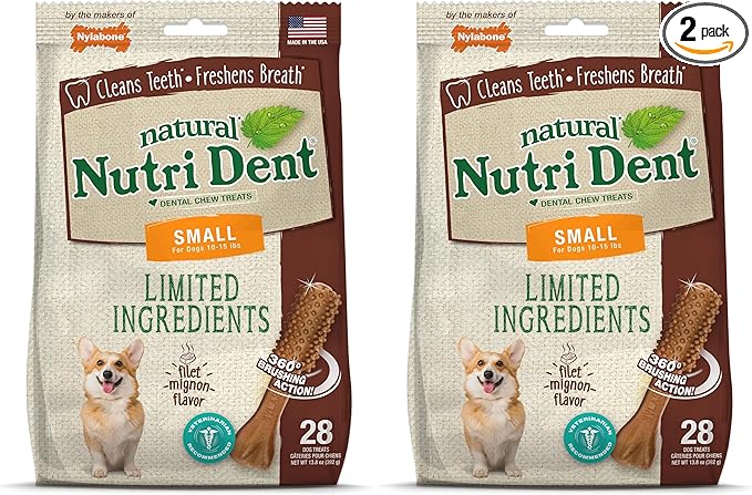 Nylabone Nutri Dent Dog Dental Chews - Natural Dog Teeth Cleaning & Breath Freshener - Dental Treats for Dogs - Filet Mignon Flavor, Small (28 Count) (Pack of 2)