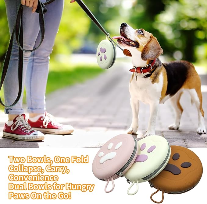 Collapsible Dog Bowls, 2-in-1 Pet Portable Travel Double Bowl Water Food Feeder Traveling Camping & Walking 25oz Brown Pink