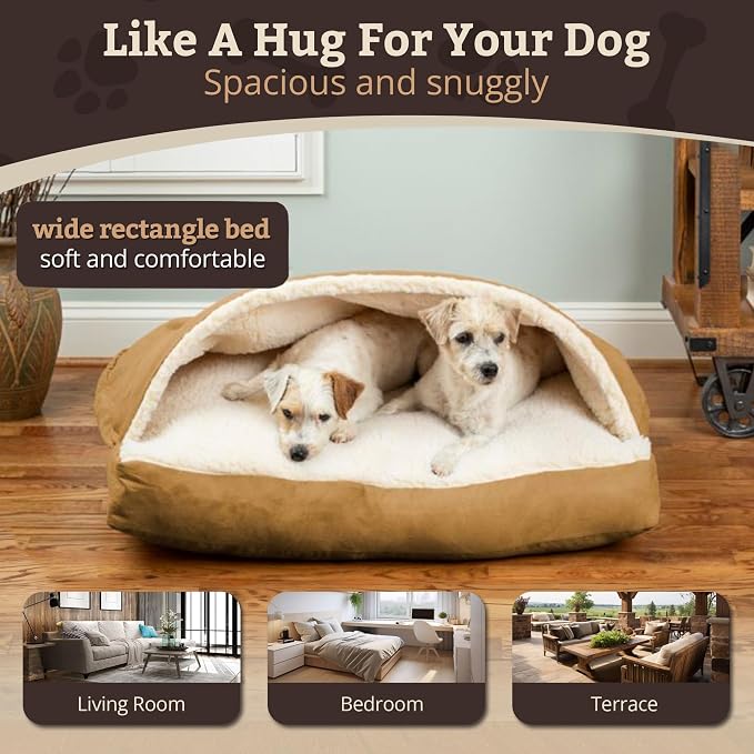 Snoozer Rectangle Cozy Cave Dog Bed - Indoor Dog Bed with Cover Cave, Covered Calming Burrow for Large Sized Pets with Blanket Attached, Enclosed, Washable Cover - XL, Camel