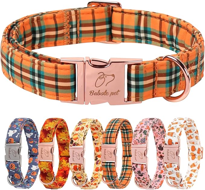 Fall Dog Collar for Medium Dogs - Vintage Orange Green Plaid Tanksgiving Puppy Collar, Adjustable Heavy Duty Halloween Festivel Dog Collars with Metal Buckle M