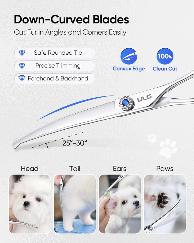ULG Curved Dog Shears for Grooming, 7 Inch Professional Curved Dog Grooming Scissors for Trimming and Cutting, Japanese Stainless Steel Pet Hair Scissors